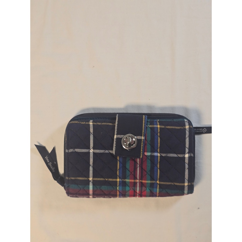 Vera Bradley Turnlock Wallet Quilted Cotton Navy Red Green Plaid Check Organizer